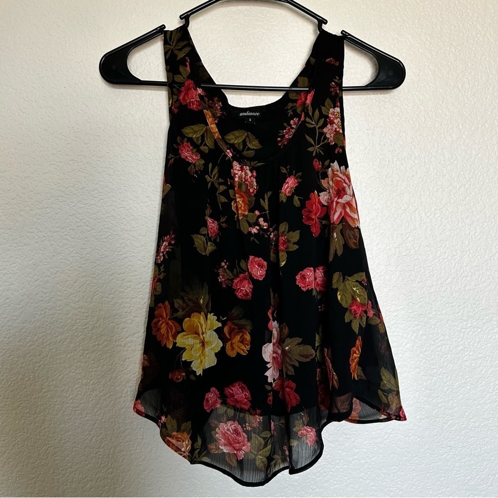 Ambiance Floral Black Sleeveless Racer Back Crop Tank Top
